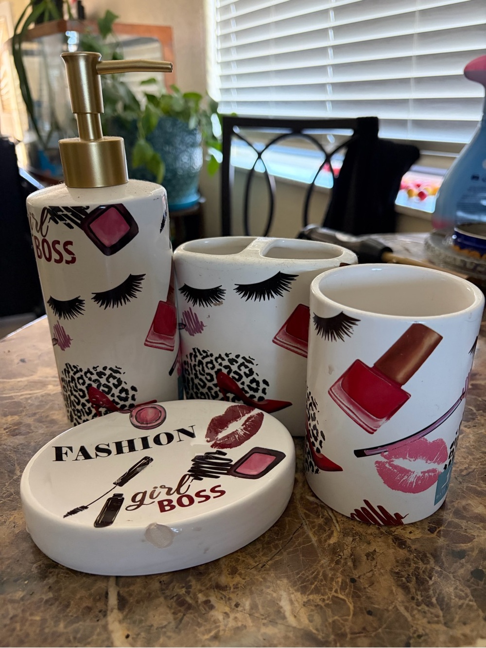 Girl Boss Makeup Ceramic Bathroom Set - Pink & White